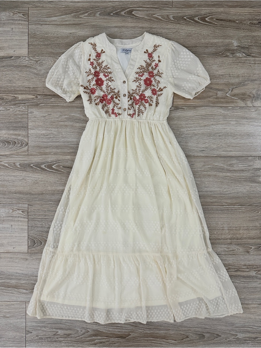 Polagram Size Small Cream Embroidered Floral Swiss Dot Texture Maxi Dress